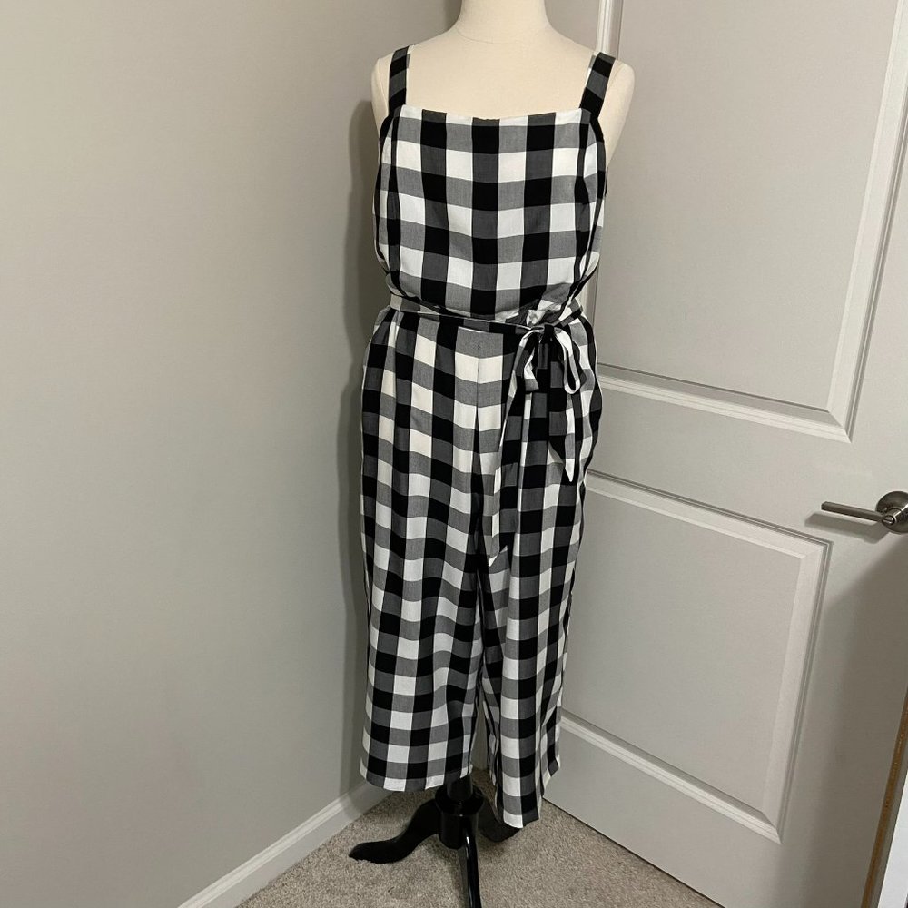 LOFT Plus Sleeveless Belted Gingham Jumpsuit